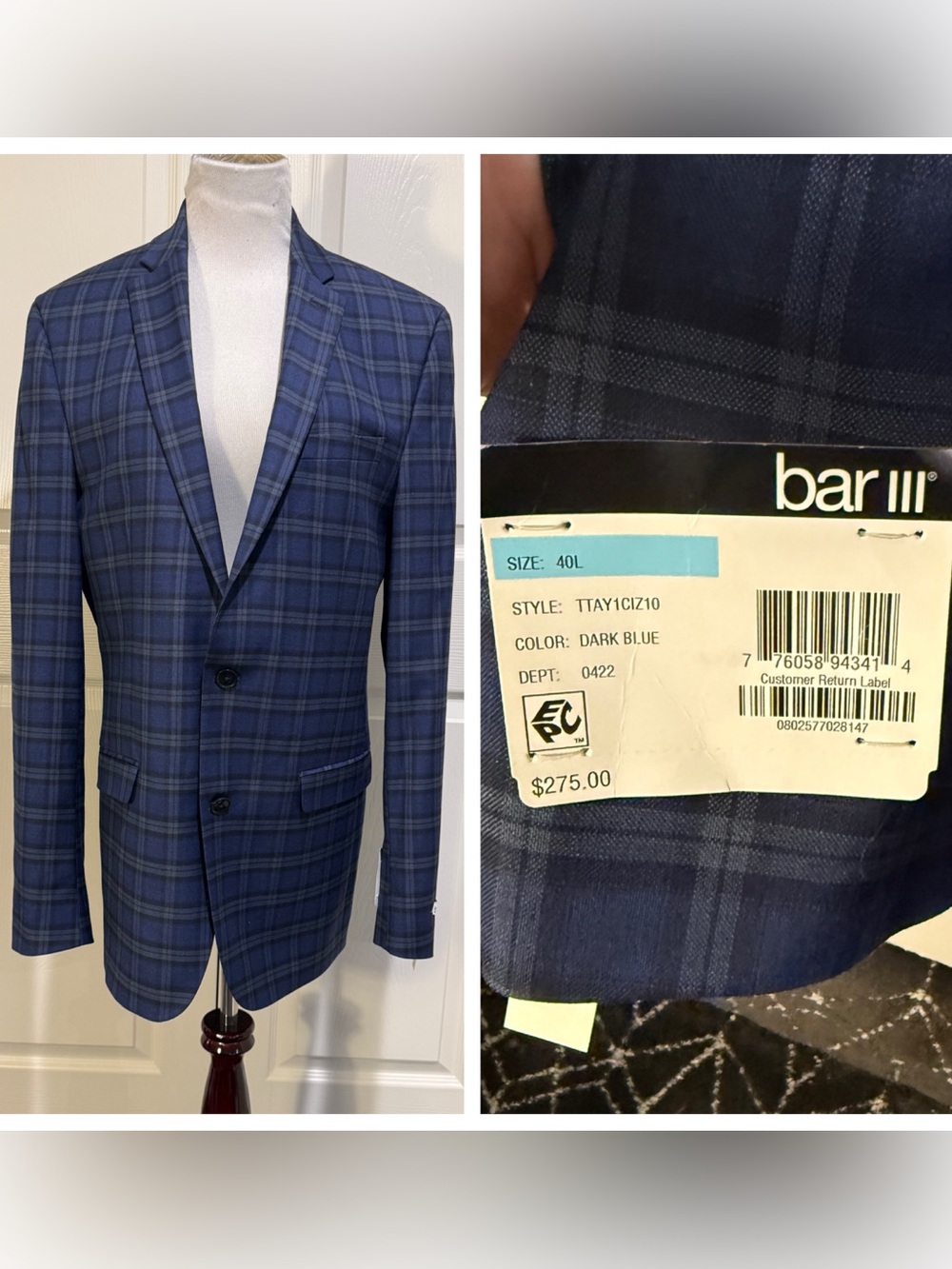 NWT Bar III Men's 40L Slim Fit Plaid Suit Jacket Blazer Dark Blue $275